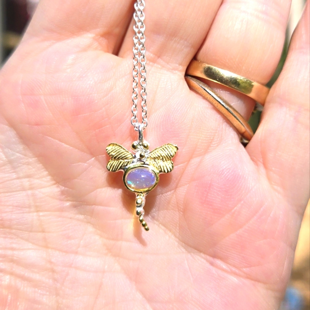 Opal 2k Natural Silver & Gold Dragonfly Necklace 18" - Picture 3 of 9